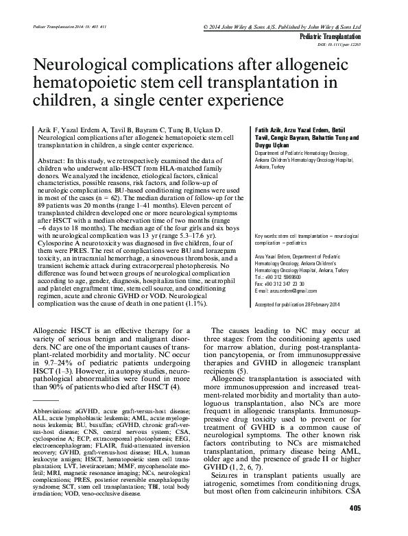 (PDF) Neurological complications after allogeneic hematopoietic stem ...