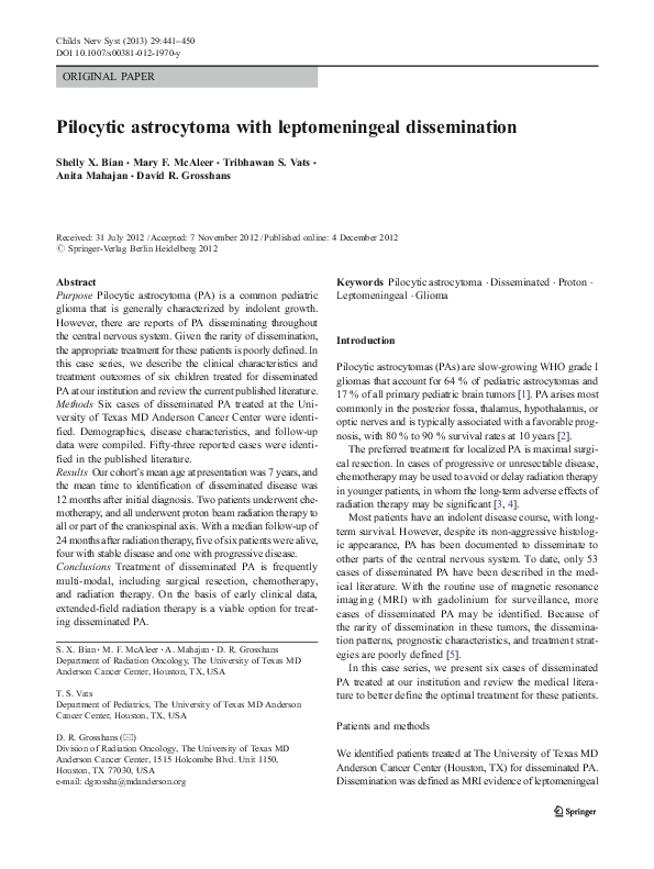 (PDF) Pilocytic astrocytoma with leptomeningeal dissemination