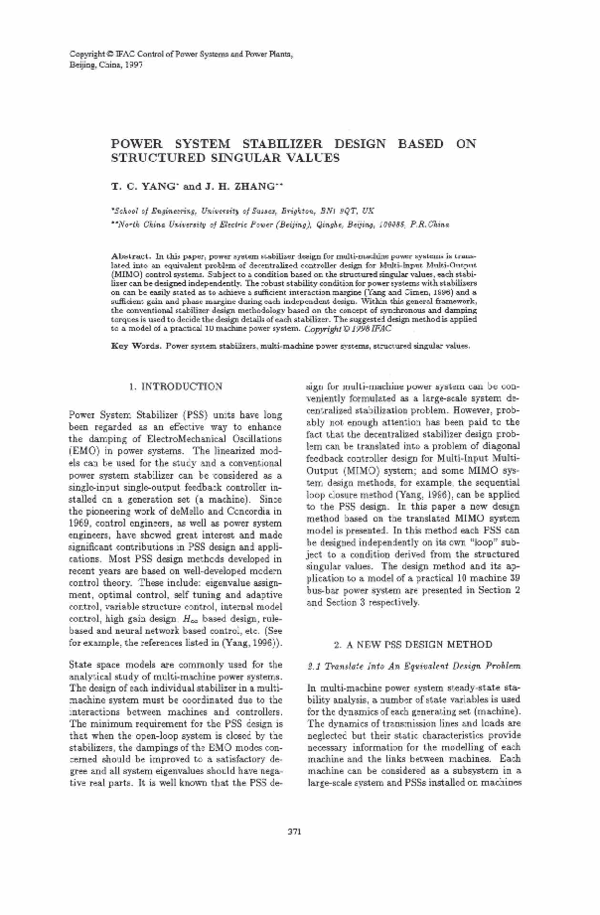 (PDF) Power System Stabilizer Design based on Structured Singular Values