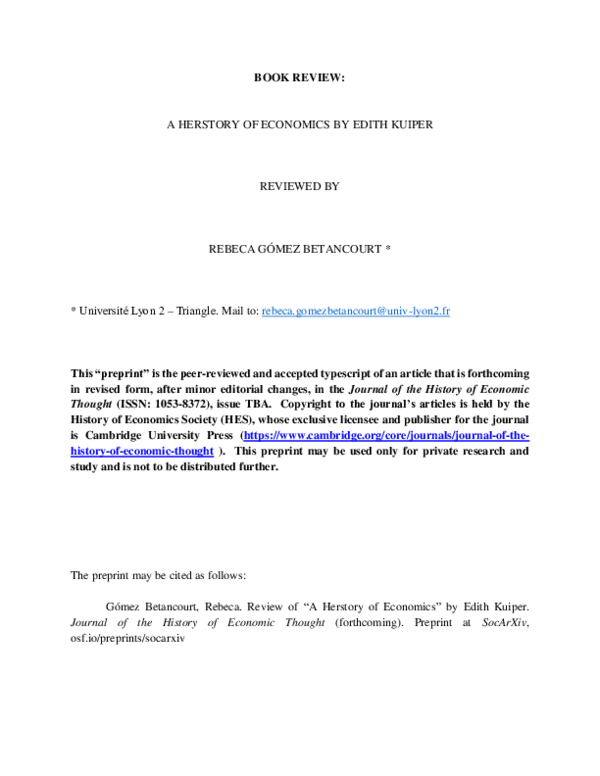 (PDF) Review of “A Herstory of Economics” by Edith Kuiper
