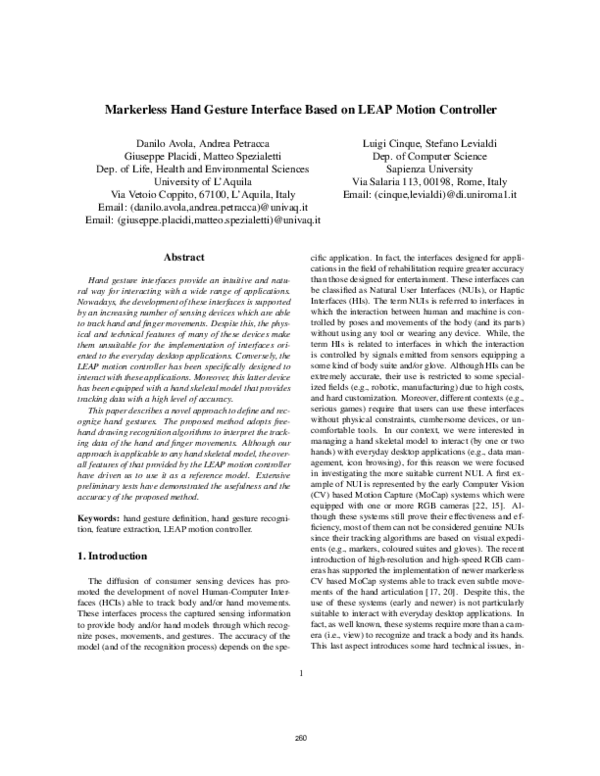 (PDF) Markerless Hand Gesture Interface Based on LEAP Motion Controller