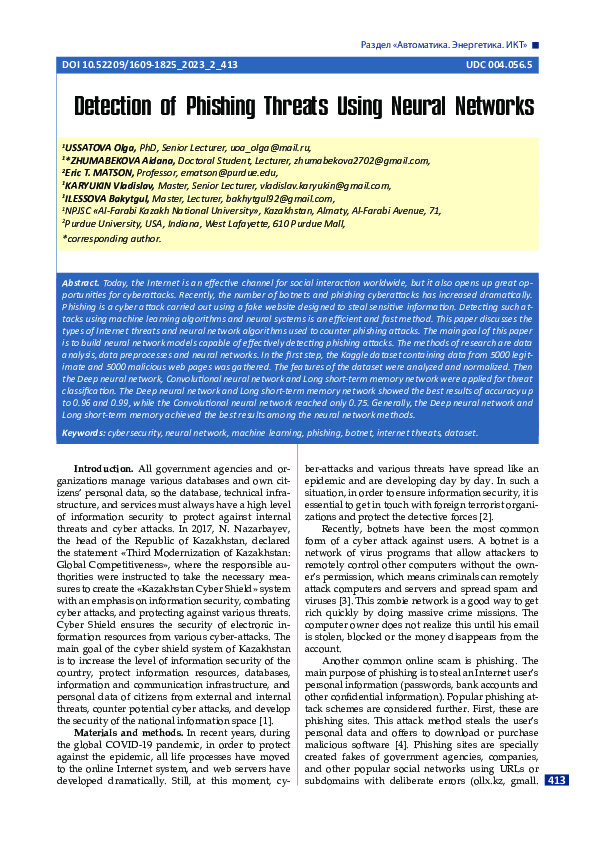 (PDF) Detection of Phishing Threats Using Neural Networks