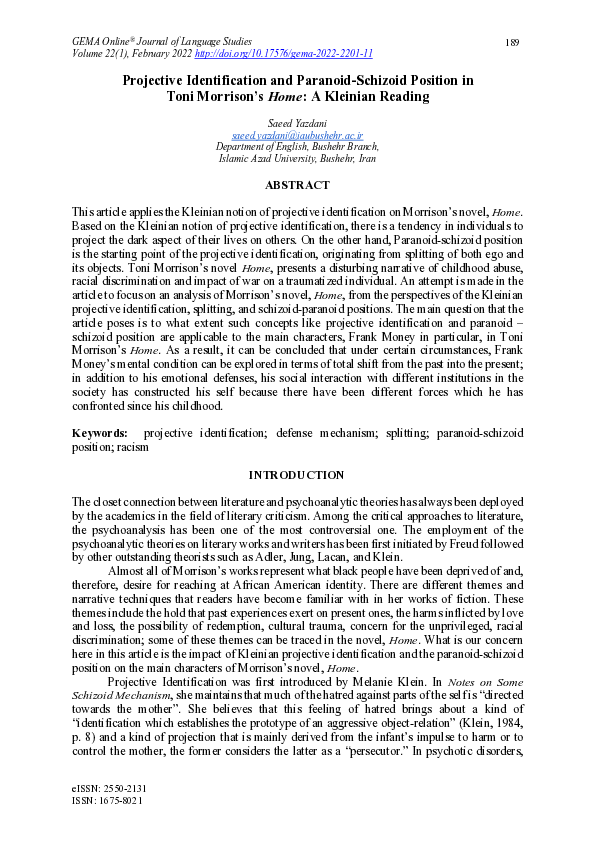 (PDF) Projective Identification and Paranoid-Schizoid Position in Toni ...
