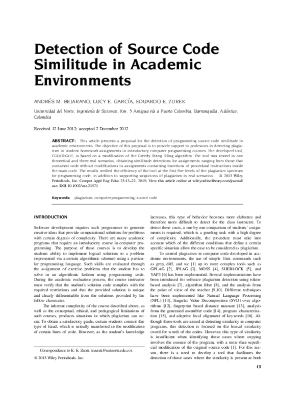 (PDF) Detection of source code similitude in academic environments
