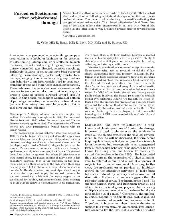 (PDF) Forced collectionism after orbitofrontal damage