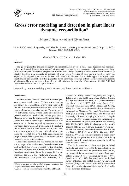 (PDF) Gross error modeling and detection in plant linear dynamic ...