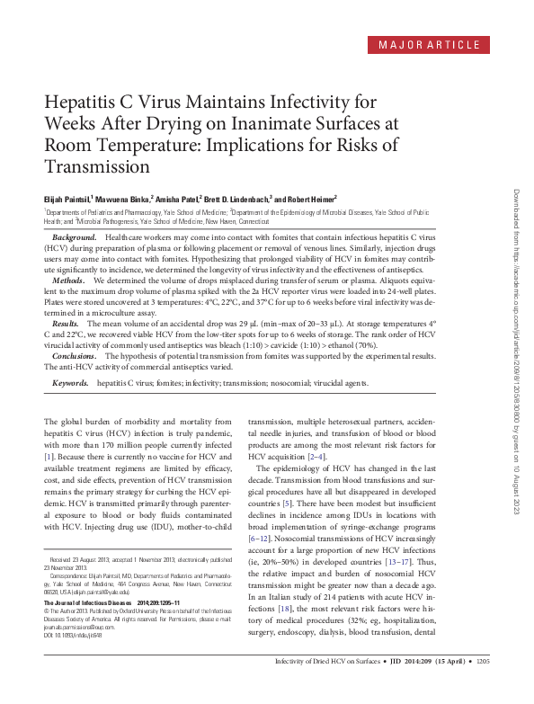 (PDF) Hepatitis C Virus Maintains Infectivity for Weeks After Drying on ...