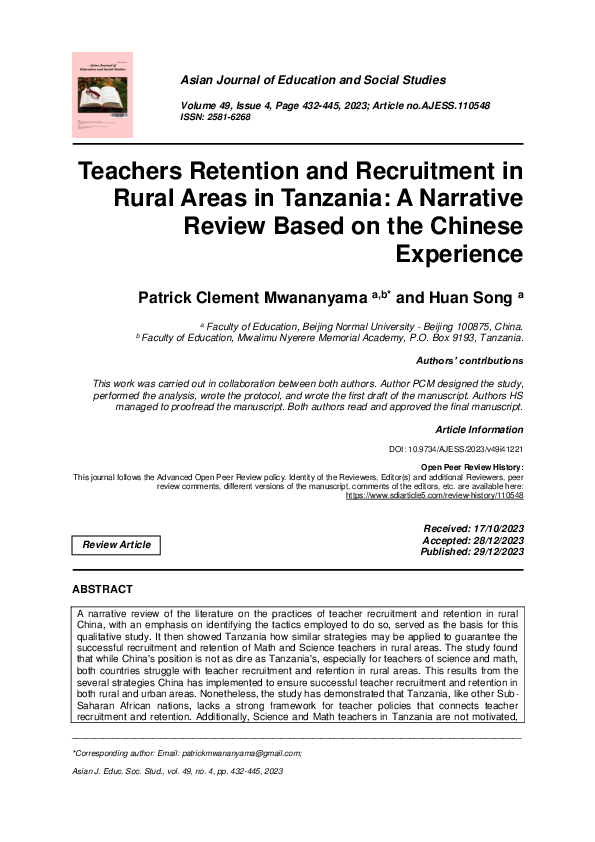 (PDF) Teachers Retention and Recruitment in Rural Areas in Tanzania: A ...
