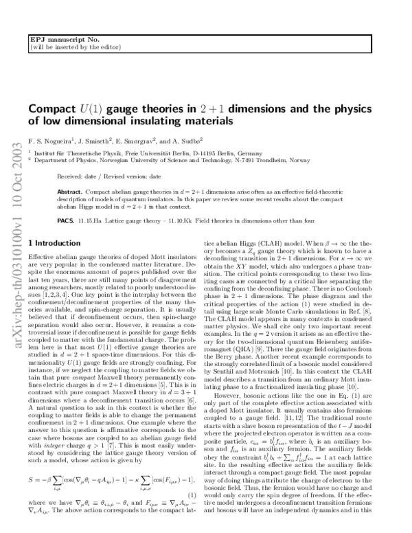 (PDF) Compact U(1) gauge theories in 2+1 dimensions and the physics of ...