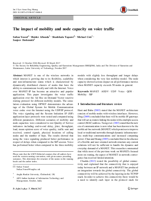 (PDF) The impact of mobility and node capacity on voice traffic