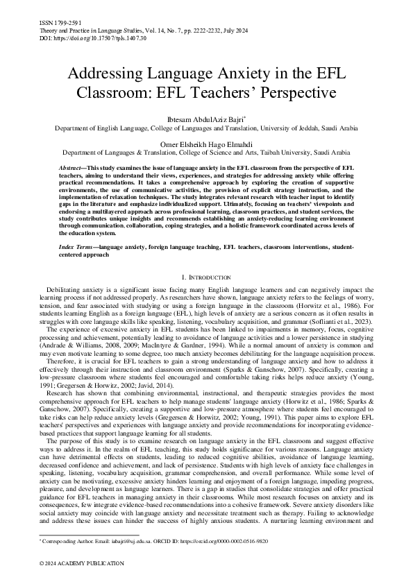 (PDF) Addressing Language Anxiety in the EFL Classroom EFL Teachers ...
