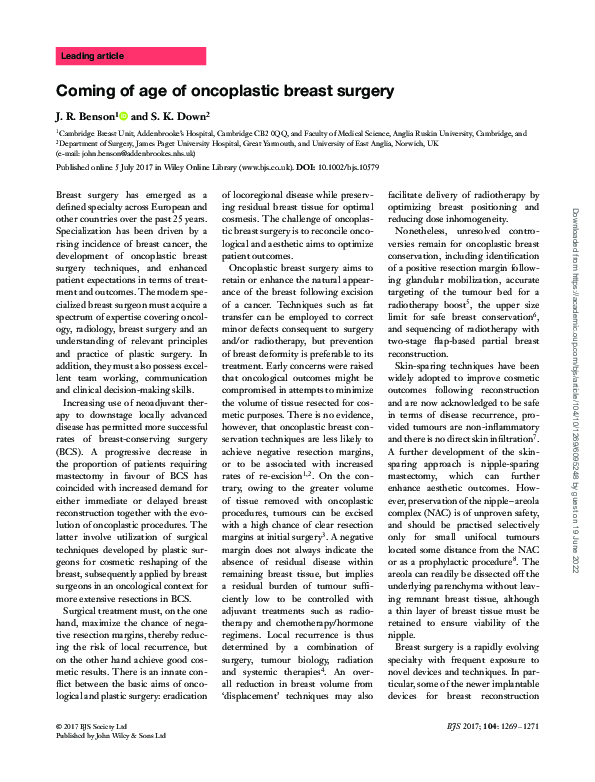 (PDF) Coming of age of oncoplastic breast surgery
