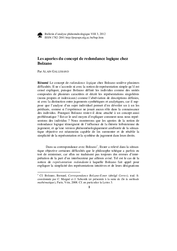 (PDF) Les apories du concept de redondance logique chez Bolzano | alain ...