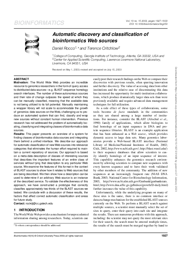 (PDF) Automatic discovery and classification of bioinformatics Web sources