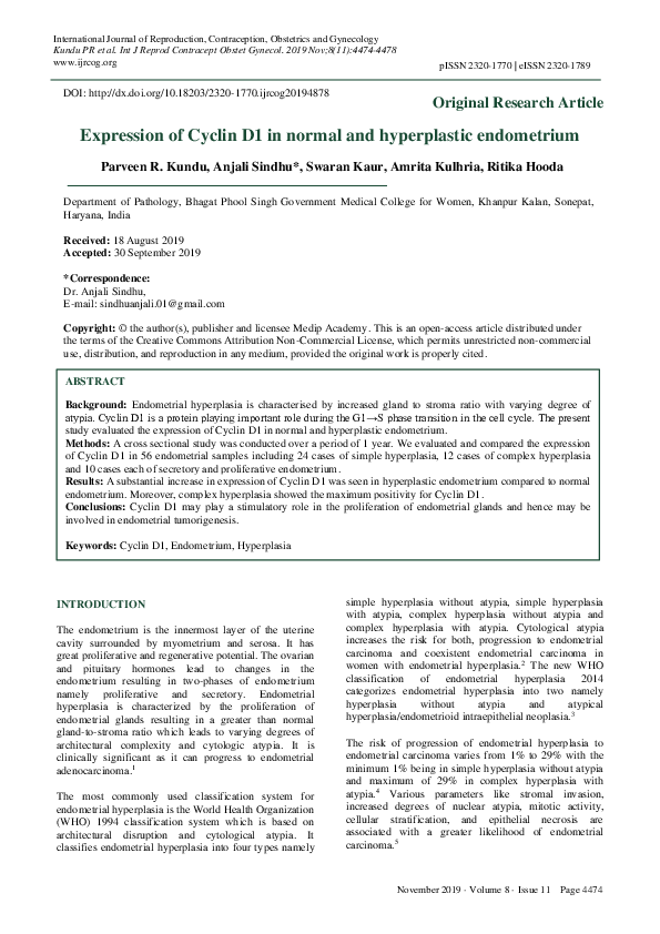 (PDF) Expression of Cyclin D1 in normal and hyperplastic endometrium