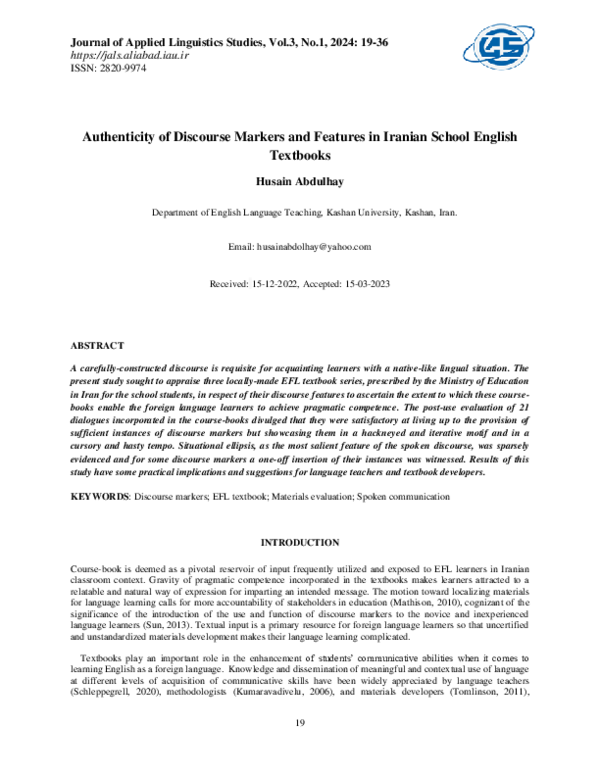 (PDF) Authenticity of Discourse Markers and Features in Iranian School ...