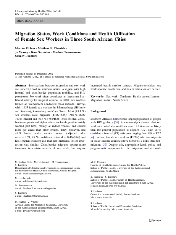 (PDF) Migration Status, Work Conditions and Health Utilization of ...