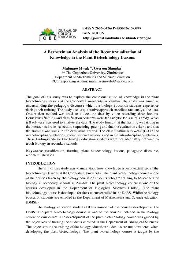 (PDF) A Bernsteinian analysis of the recontextualisation of knowledge ...