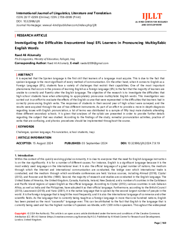 (PDF) Investigating the Difficulties Encountered Iraqi EFL Learners in ...