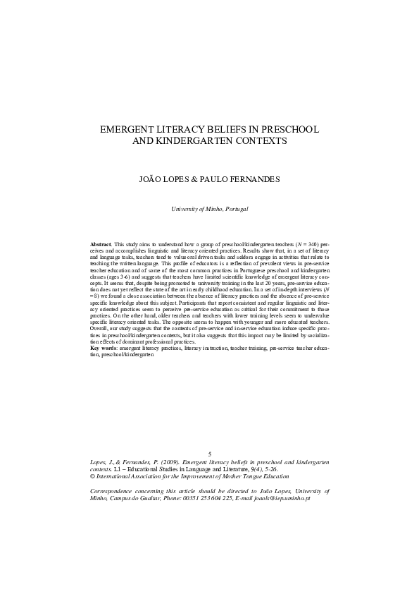 (PDF) Emergent literacy beliefs in preschool and kindergarten contexts