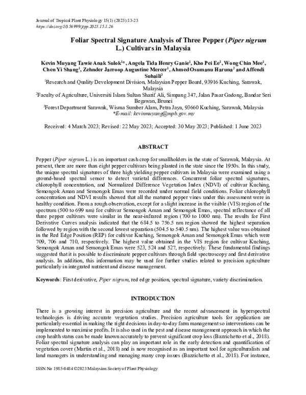 (PDF) Foliar Spectral Signature Analysis of Three Pepper (Piper nigrum ...