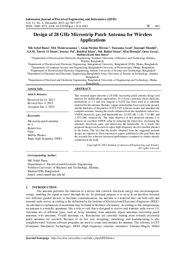 (PDF) Design of 28 GHz Microstrip Patch Antenna for Wireless Applications