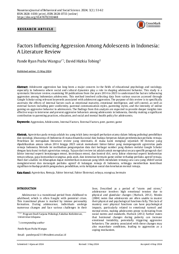 (PDF) Factors Influencing Aggression Among Adolescents in Indonesia: A ...