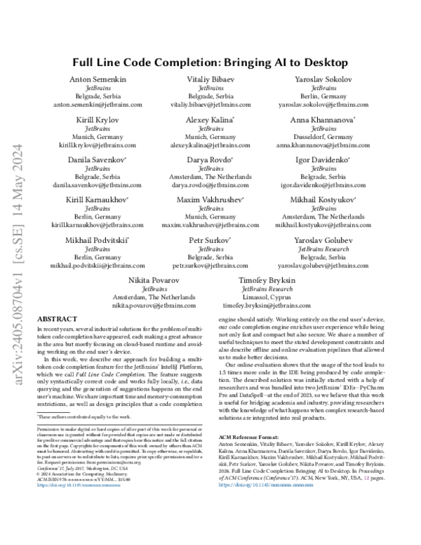 (PDF) Full Line Code Completion: Bringing AI to Desktop