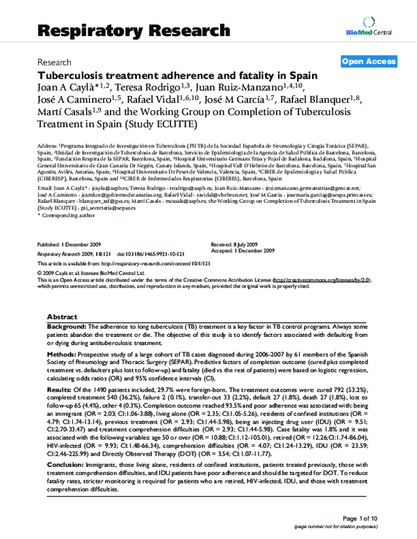 (PDF) Tuberculosis treatment adherence and fatality in Spain