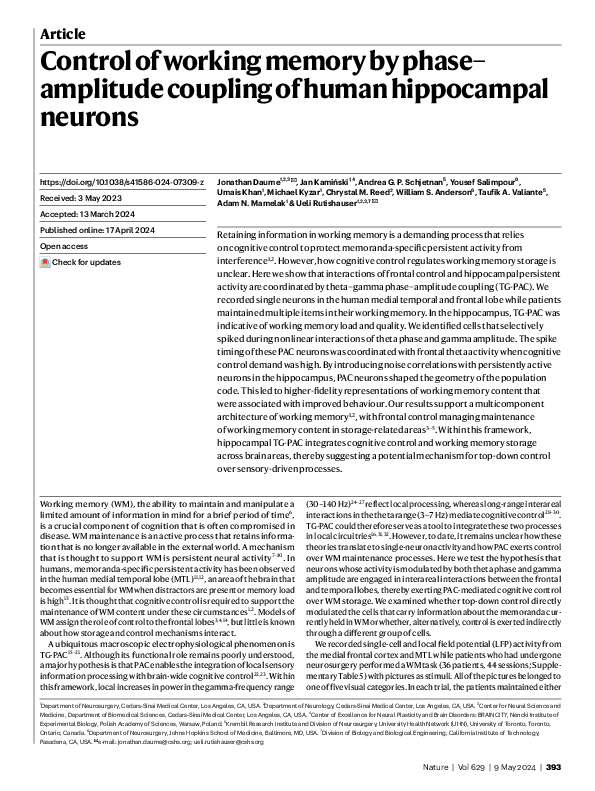 (PDF) Control of working memory by phase–amplitude coupling of human ...
