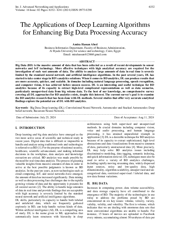 (PDF) The Applications of Deep Learning Algorithms for Enhancing Big ...