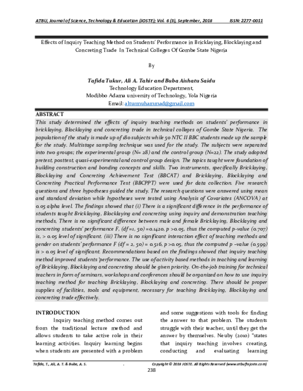 (PDF) Effects of Inquiry Teaching Method on Studentsâ€™ Performance in ...
