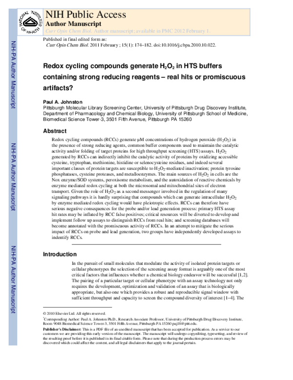 (PDF) Redox cycling compounds generate H2O2 in HTS buffers containing ...