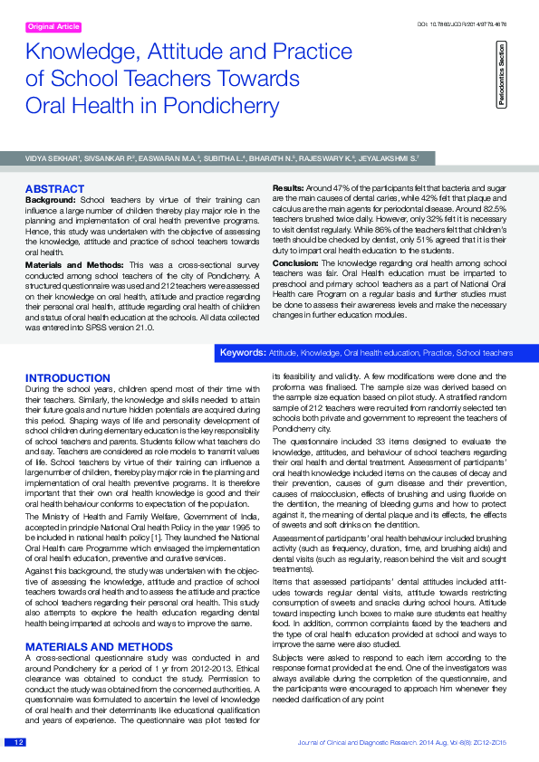 (PDF) Knowledge, attitude and practice of school teachers towards oral ...