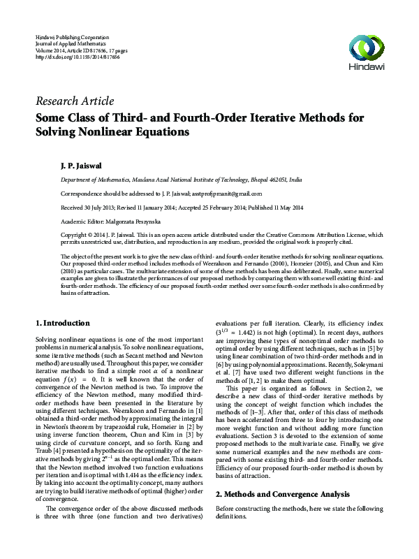 (PDF) Some Class of Third- and Fourth-Order Iterative Methods for ...