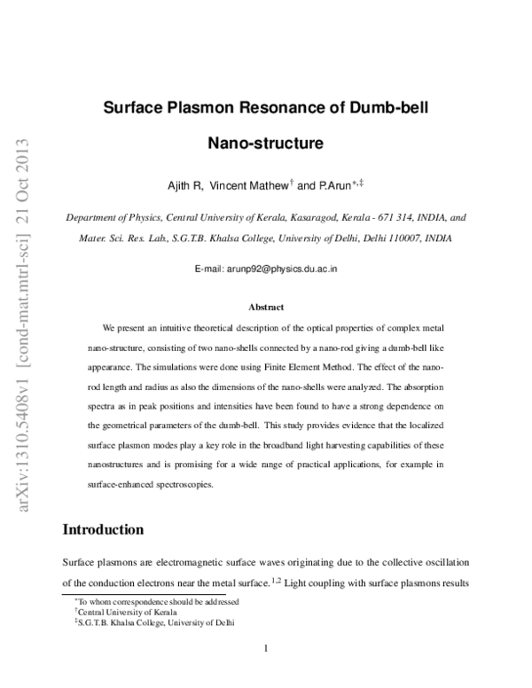 (PDF) Surface plasmon resonance of dumbbell nanostructure