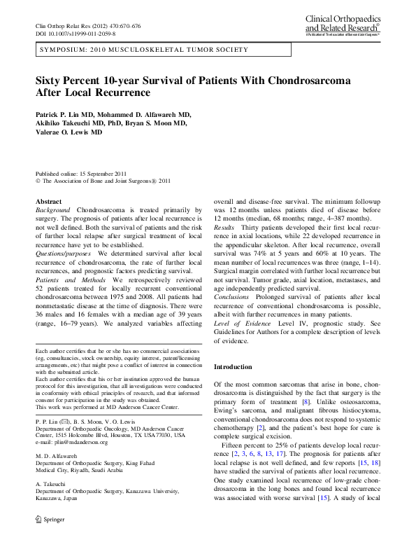 Sixty Percent 10-year Survival of Patients With Chondrosarcoma After Local Recurrence