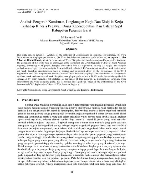 Analisis Pengaruh Komitmen, Lingkungan Kerja dan Disiplin Kerja Terhadap Kinerja Pegawai Dinas Kependudukan dan Catatan Sipil Kabupaten Pasaman Barat