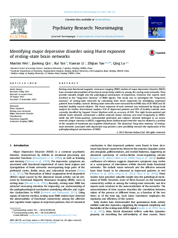 (PDF) Identifying major depressive disorder using Hurst exponent of ...