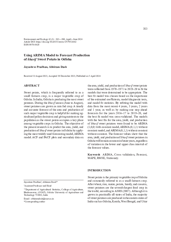 (PDF) Using ARIMA Model to forecast production of kharif sweet potato ...