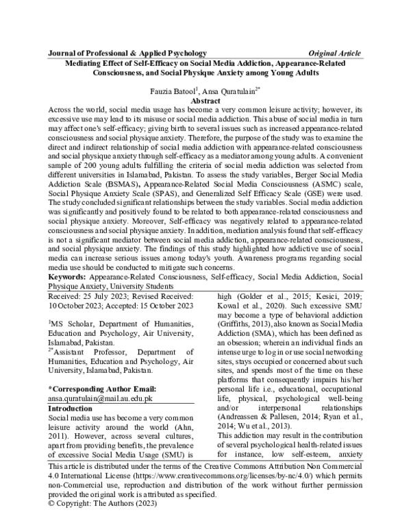 (PDF) Mediating Effect of Self-Efficacy on Social Media Addiction ...