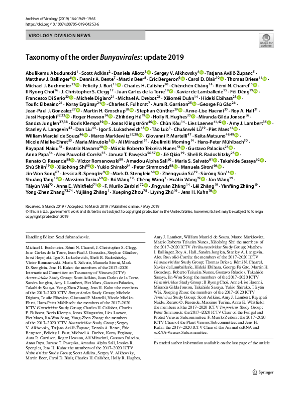 (PDF) Taxonomy of the order Bunyavirales: update 2019 | Jean-Paul ...