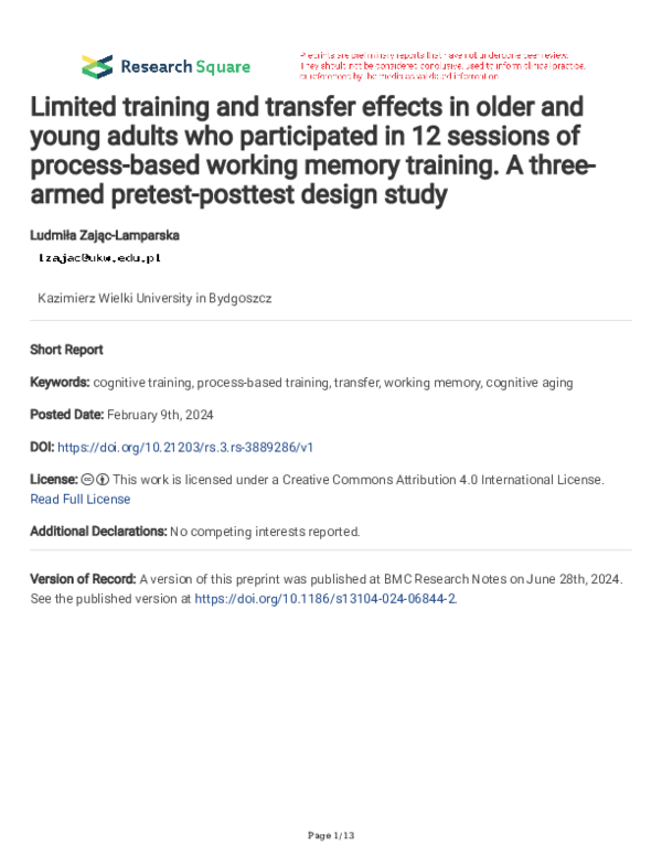 (PDF) Limited training and transfer effects in older and young adults ...