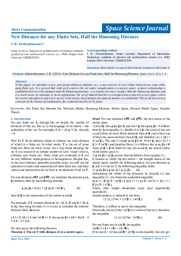 (PDF) New Distance for any Finite Sets, Half the Hamming Distance