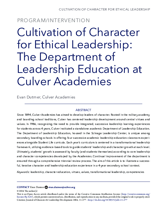 (PDF) Cultivation of Character for Ethical Leadership: The Department ...