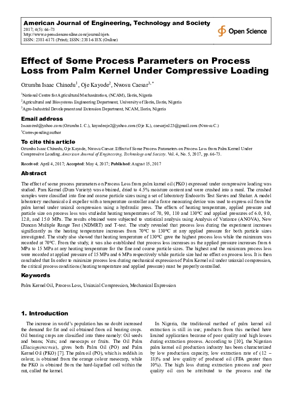 (PDF) Effect of Some Process Parameters on Process Loss from Palm ...