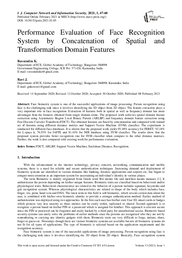 (PDF) Performance Evaluation of Face Recognition system by ...