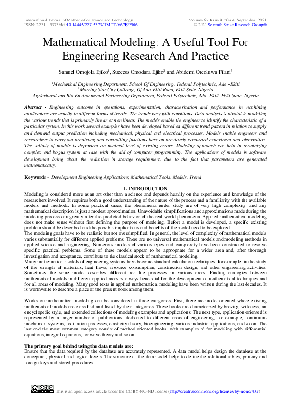 (PDF) Mathematical Modeling: A Useful Tool For Engineering Research And ...