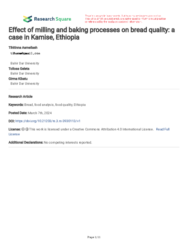 (PDF) Effect of milling and baking processes on bread quality: a case ...