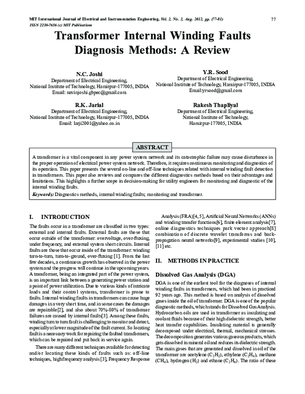(PDF) Transformer Internal Winding Faults Diagnosis Methods : A Review